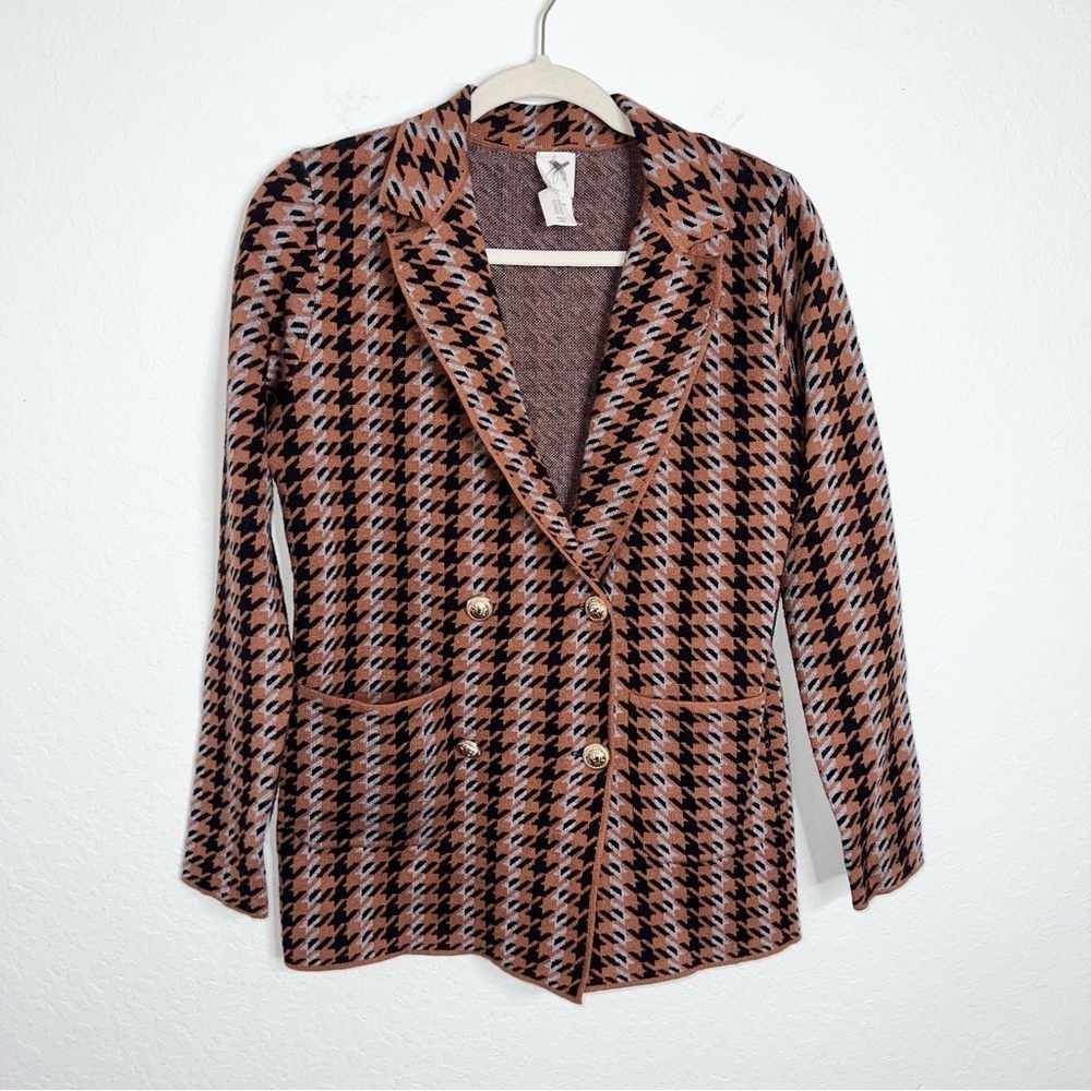 Joie Blazer Sweater Jacket Women's XS Houndstooth Double Breasted Brown T
